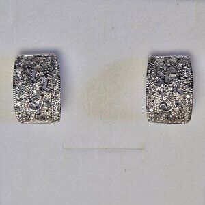 Silver Marcasite Wide Hoop Lever Back Earrings